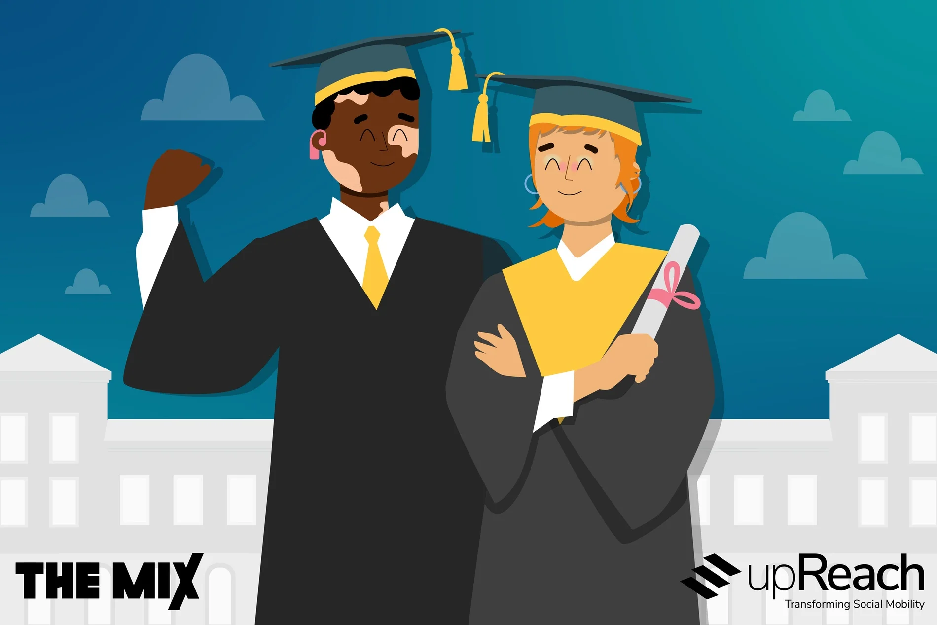 Two young people are graduating from university. One of them is raising their arm in celebration to represent finding their dream graduate job